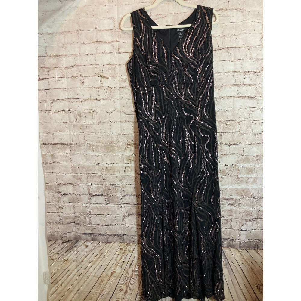 Alexa‎ B Maxi Dress Womens 12 Black & Gold All Over Glitter Gown Party Cocktail